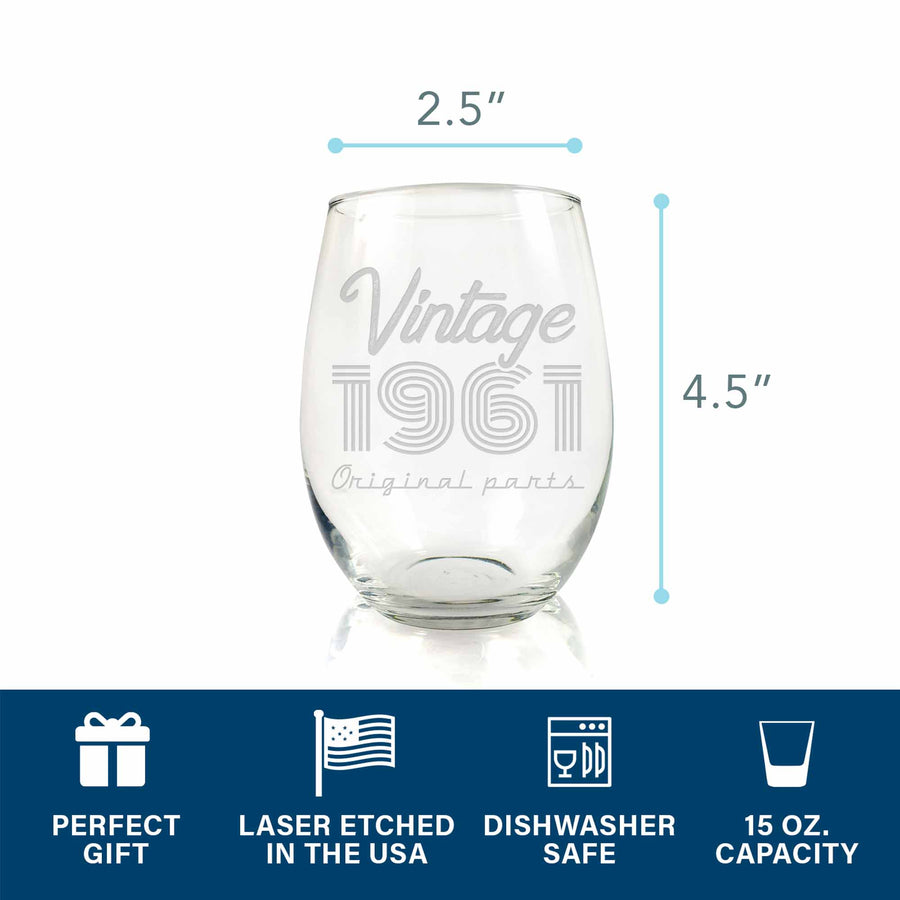 1961 Vintage Original Birthday Stemless Wine Glass