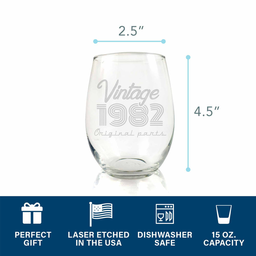 1982 Vintage Original Birthday Stemless Wine Glass