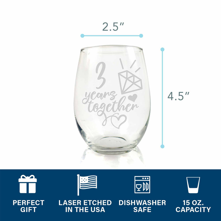 3 Year 3rd Third Wedding Anniversary Gift Stemless Wine Glass