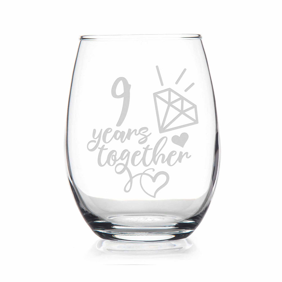 9 Year 9th Ninth Wedding Anniversary Gift Stemless Wine Glass
