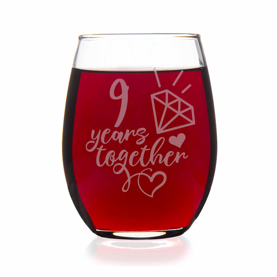 9 Year 9th Ninth Wedding Anniversary Gift Stemless Wine Glass