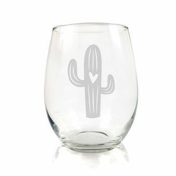 Cactus With Heart Stemless Wine Glass