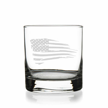 Distressed American Flag Round Rocks Glass
