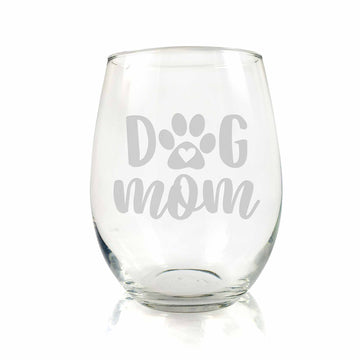 Dog Mom With Paw Print Stemless Wine Glass