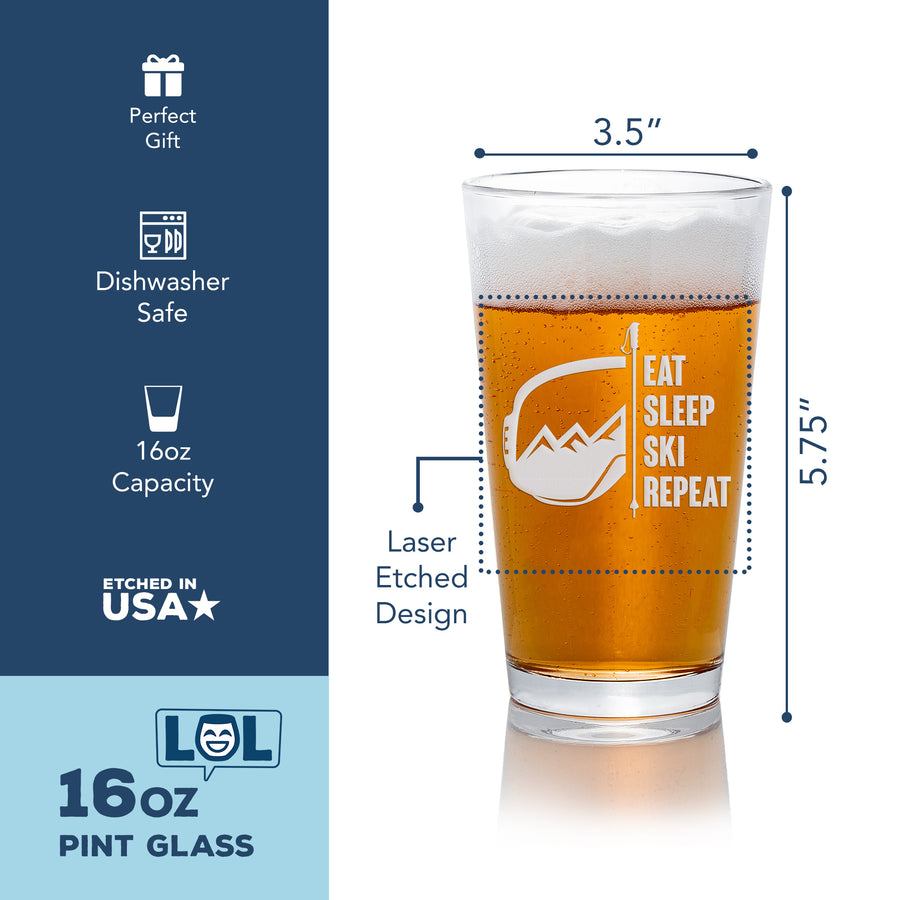 Eat Sleep Ski Repeat Pint Beer Glass