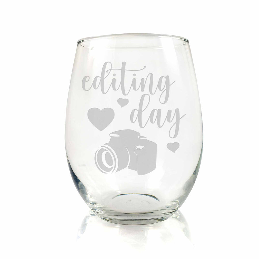 Editing Day Hearts Photographer Stemless Wine Glass