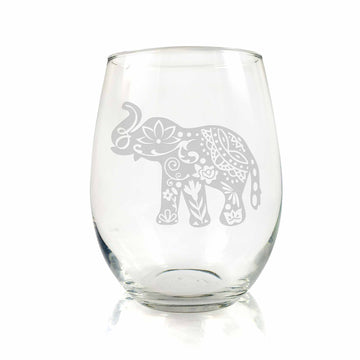 Elephant With Lotus Stemless Wine Glass