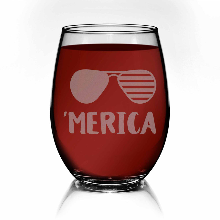 Forth Of July Sunglasses Merica Stemless Wine Glass