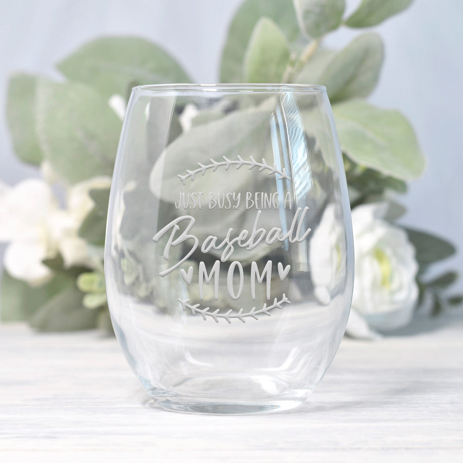 Just Busy Baseball Mom Stemless Wine Glass