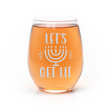 Lets Get Lit Hanukkah Stemless Wine Glass