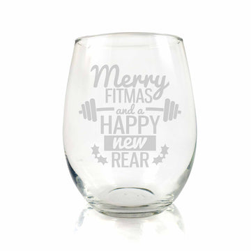 Merry Fitmas Happy New Rear Stemless Wine Glass