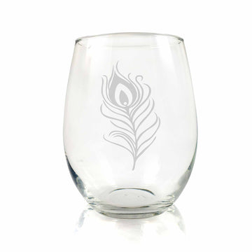 Peacock Feather Stemless Wine Glass