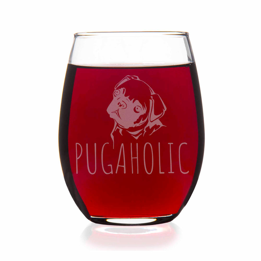 Pugaholic Pug Stemless Wine Glass