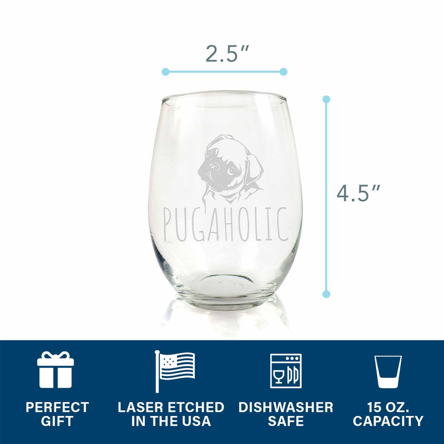 Pugaholic Pug Stemless Wine Glass