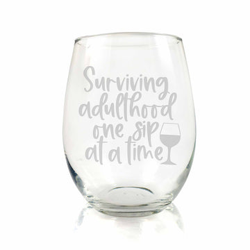 Surviving Adulthood One Sip At A Time Stemless Wine Glass