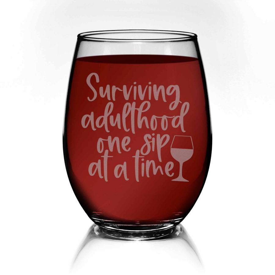 Surviving Adulthood One Sip At A Time Stemless Wine Glass