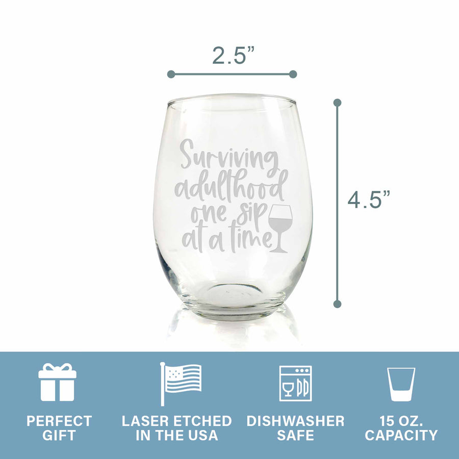 Surviving Adulthood One Sip At A Time Stemless Wine Glass