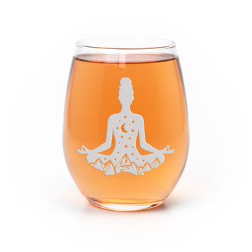 Yoga Night Sky Mountains Stemless Wine Glass