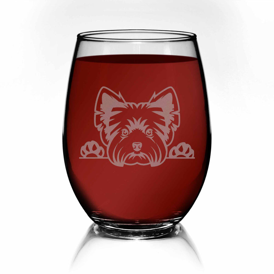 Yorkshire Terrier Yorkie Dog Peeking Stemless Wine Glass