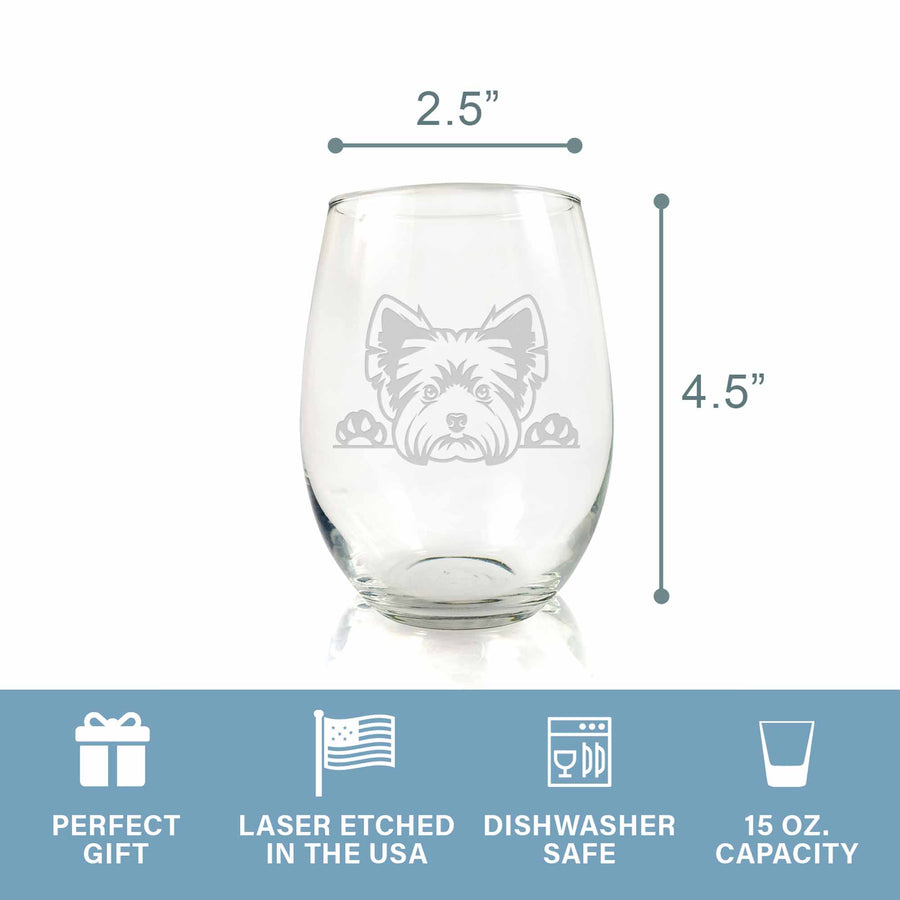 Yorkshire Terrier Yorkie Dog Peeking Stemless Wine Glass